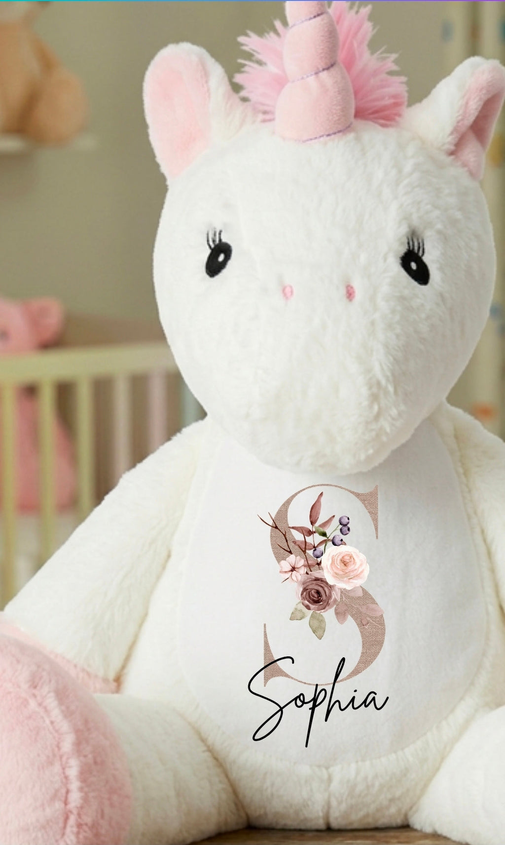 Personalised Unicorn Soft Toy – Floral Initial & Name