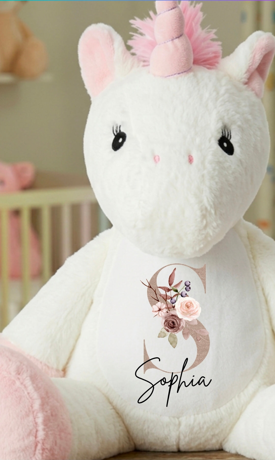 Personalised Unicorn Soft Toy – Floral Initial & Name