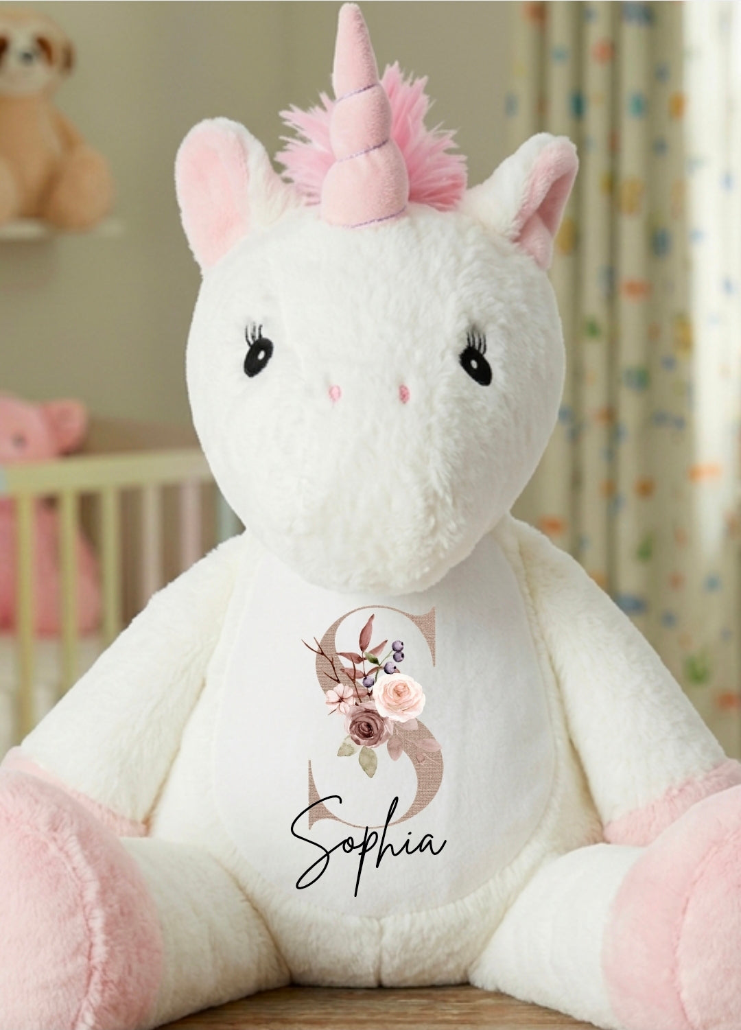 Personalised Unicorn Soft Toy – Floral Initial & Name
