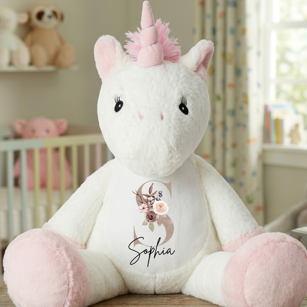 Personalised Unicorn Soft Toy – Floral Initial & Name